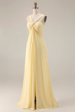 A Line Yellow Chiffon Convertible Long Bridesmaid Dress With Slit