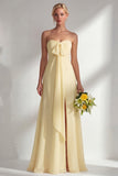 A Line Yellow Chiffon Convertible Long Bridesmaid Dress With Slit