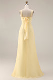 A Line Yellow Chiffon Convertible Long Bridesmaid Dress With Slit