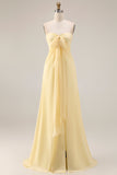 A Line Yellow Chiffon Convertible Long Bridesmaid Dress With Slit