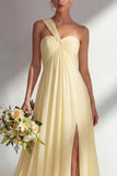 A Line Yellow Chiffon Convertible Long Bridesmaid Dress With Slit