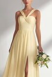 A Line Yellow Chiffon Convertible Long Bridesmaid Dress With Slit