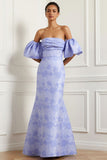 Light Blue Mermaid Convertible Satin Strapless Long Jacquard Dress with Removable Sleeves