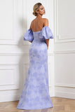 Light Blue Mermaid Convertible Satin Strapless Long Jacquard Dress with Removable Sleeves