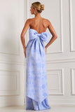 Light Blue Floral Strapless Sheath Satin Long Jacquard Dress with Large Back Bow