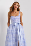 Light Blue A-Line Square Neck Floral Satin Bowed Long Jacquard Dress with Slit