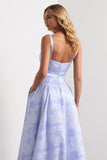 Light Blue A-Line Square Neck Floral Satin Bowed Long Jacquard Dress with Slit
