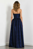 Navy A-Line Strapless Long Jacquard Dress with Pockets