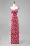 Fuchsia Floral Strapless Sheath Print Satin Long Jacquard Dress