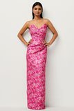 Fuchsia Floral Strapless Sheath Print Satin Long Jacquard Dress