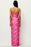 Fuchsia Floral Strapless Sheath Print Satin Long Jacquard Dress