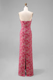 Fuchsia Floral Strapless Sheath Print Satin Long Jacquard Dress