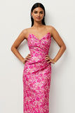 Fuchsia Floral Strapless Sheath Print Satin Long Jacquard Dress