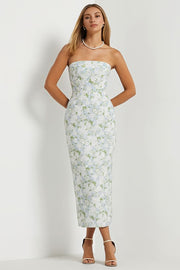 Strapless Sheath Print Long Blue White Floral Satin Dress with Bow