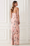 Blush Flower Sheath Strapless Print Satin Long Bridesmaid Dress with Back Slit