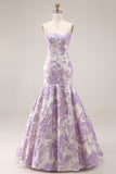Mermaid Lilac Strapless Floral Jacquard Long Prom Dress