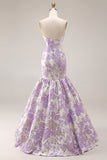 Mermaid Lilac Strapless Floral Jacquard Long Prom Dress