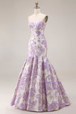 Mermaid Lilac Strapless Floral Jacquard Long Prom Dress
