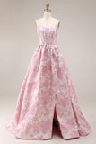 Strapless Pink Floral Corset A Line Jacquard Long Prom Dress with Slit