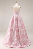 Strapless Pink Floral Corset A Line Jacquard Long Prom Dress with Slit