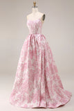 Strapless Pink Floral Corset A Line Jacquard Long Prom Dress with Slit