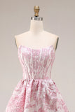 Strapless Pink Floral Corset A Line Jacquard Long Prom Dress with Slit
