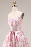 Strapless Pink Floral Corset A Line Jacquard Long Prom Dress with Slit