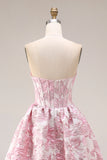 Strapless Pink Floral Corset A Line Jacquard Long Prom Dress with Slit