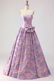 Floral Lilac Jacquard Strapless A Line Long Prom Dress With Bow