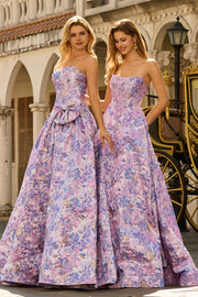Strapless Lilac Floral Jacquard A Line Long Prom Dress With Bow