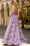 Floral Lilac Jacquard Strapless A Line Long Prom Dress With Bow