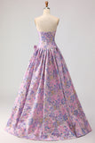 Strapless Lilac Floral Jacquard A Line Long Prom Dress With Bow