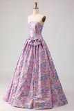 Floral Lilac Jacquard Strapless A Line Long Prom Dress With Bow