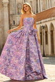 Floral Lilac Jacquard Strapless A Line Long Prom Dress With Bow