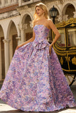 Strapless Lilac Floral Jacquard A Line Long Prom Dress With Bow