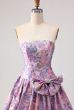 Floral Lilac Jacquard Strapless A Line Long Prom Dress With Bow