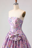 Floral Lilac Jacquard Strapless A Line Long Prom Dress With Bow