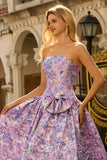 Strapless Lilac Floral Jacquard A Line Long Prom Dress With Bow