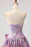 Floral Lilac Jacquard Strapless A Line Long Prom Dress With Bow