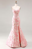 Ivory Pink Corset Jacquard Mermaid Sweetheart Prom Dress with Slit