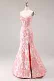 Ivory Pink Corset Jacquard Mermaid Sweetheart Prom Dress with Slit