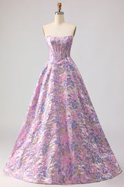 Corset Lilac Jacquard Strapless A Line Floral Long Prom Dress