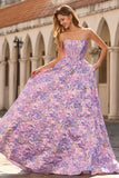 Lilac Jacquard Floral Corset Strapless A Line Long Prom Dress