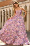 Corset Lilac Jacquard Strapless A Line Floral Long Prom Dress