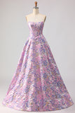 Strapless Lilac Jacquard A Line Corset Floral Plus Size Long Prom Dress