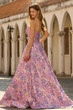 Corset Lilac Jacquard Strapless A Line Floral Long Prom Dress