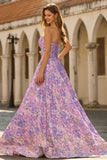 Lilac Jacquard Floral Corset Strapless A Line Long Prom Dress