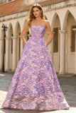 Lilac Jacquard Floral Corset Strapless A Line Long Prom Dress