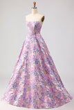 Corset Lilac Jacquard Strapless A Line Floral Long Prom Dress
