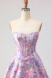 Corset Lilac Jacquard Strapless A Line Floral Long Prom Dress